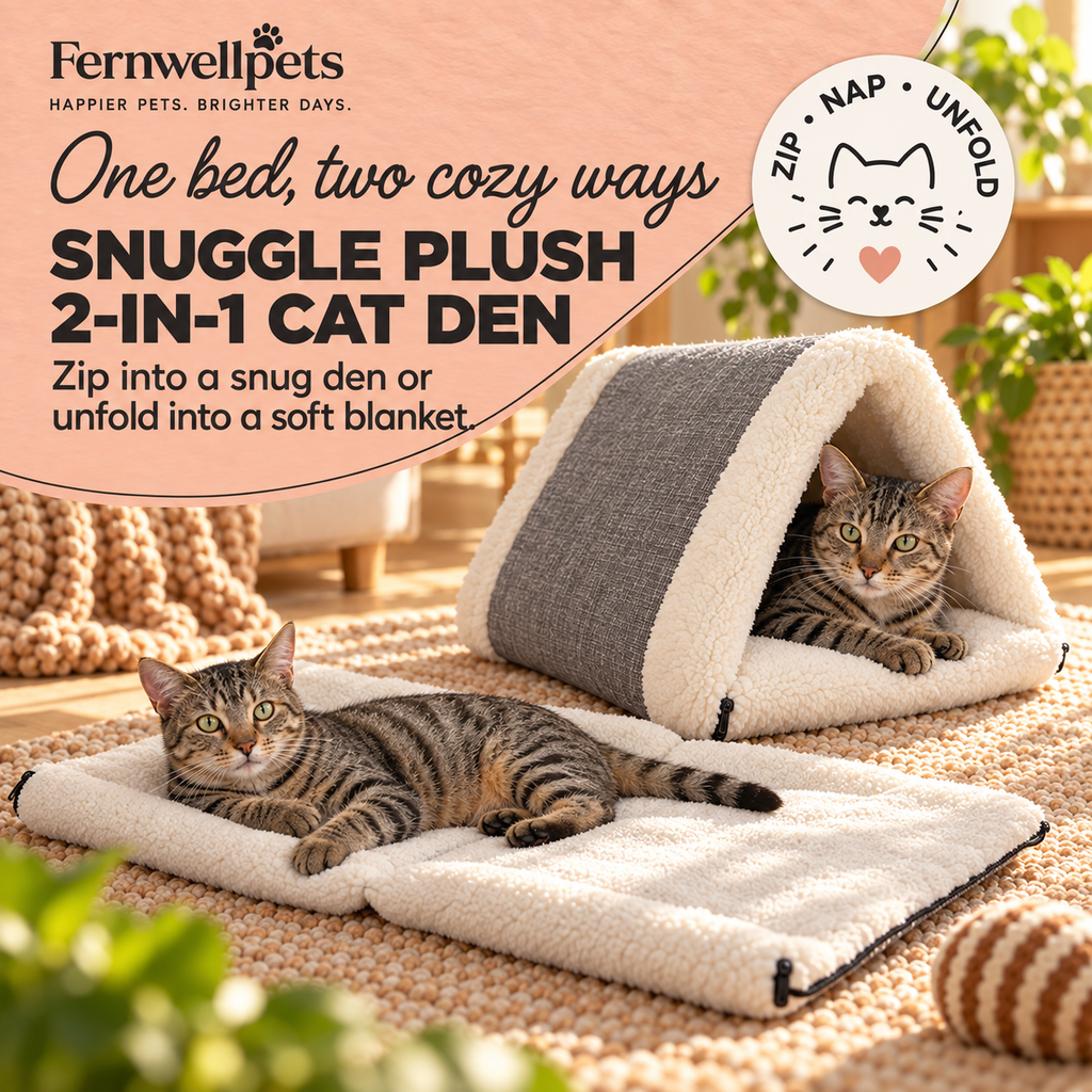 Snuggle Plush 2-in-1 Cat Den showing den mode and blanket mode