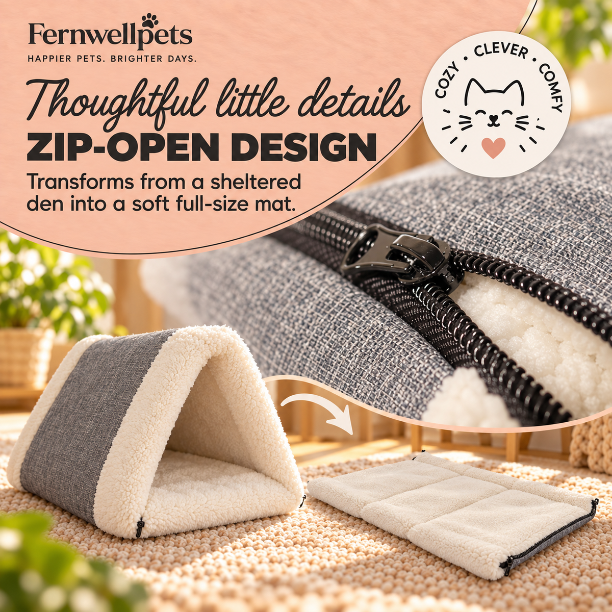 Snuggle Plush 2-in-1 Cat Den zip-open detail and transformation feature