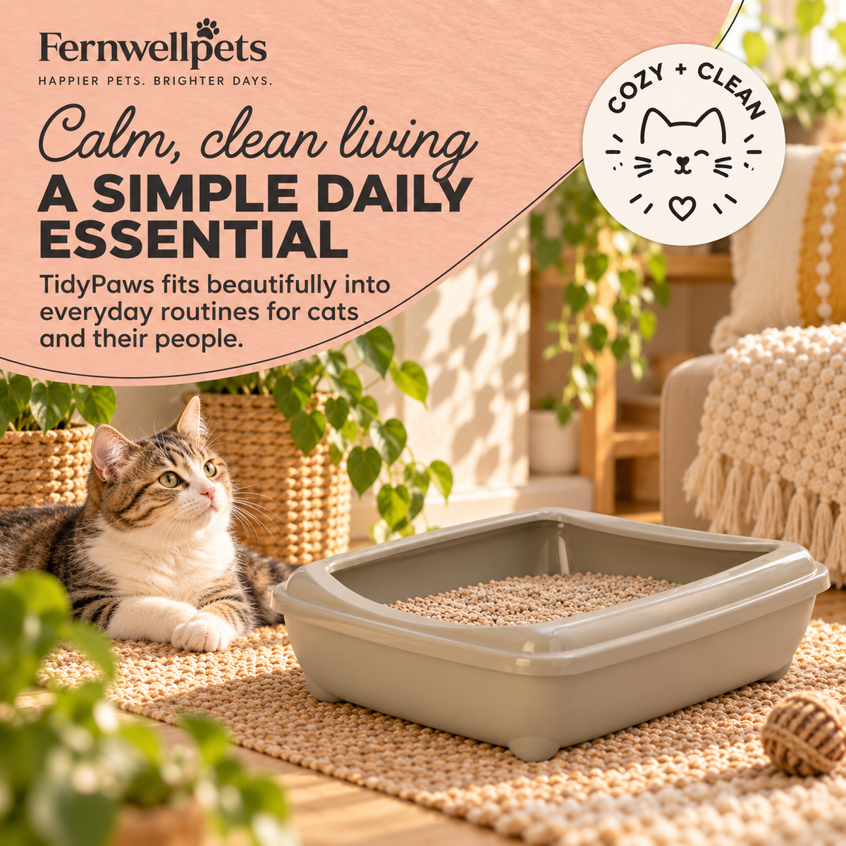 TidyPaws Rimmed Litter Tray – Warm Grey calm clean cat living image
