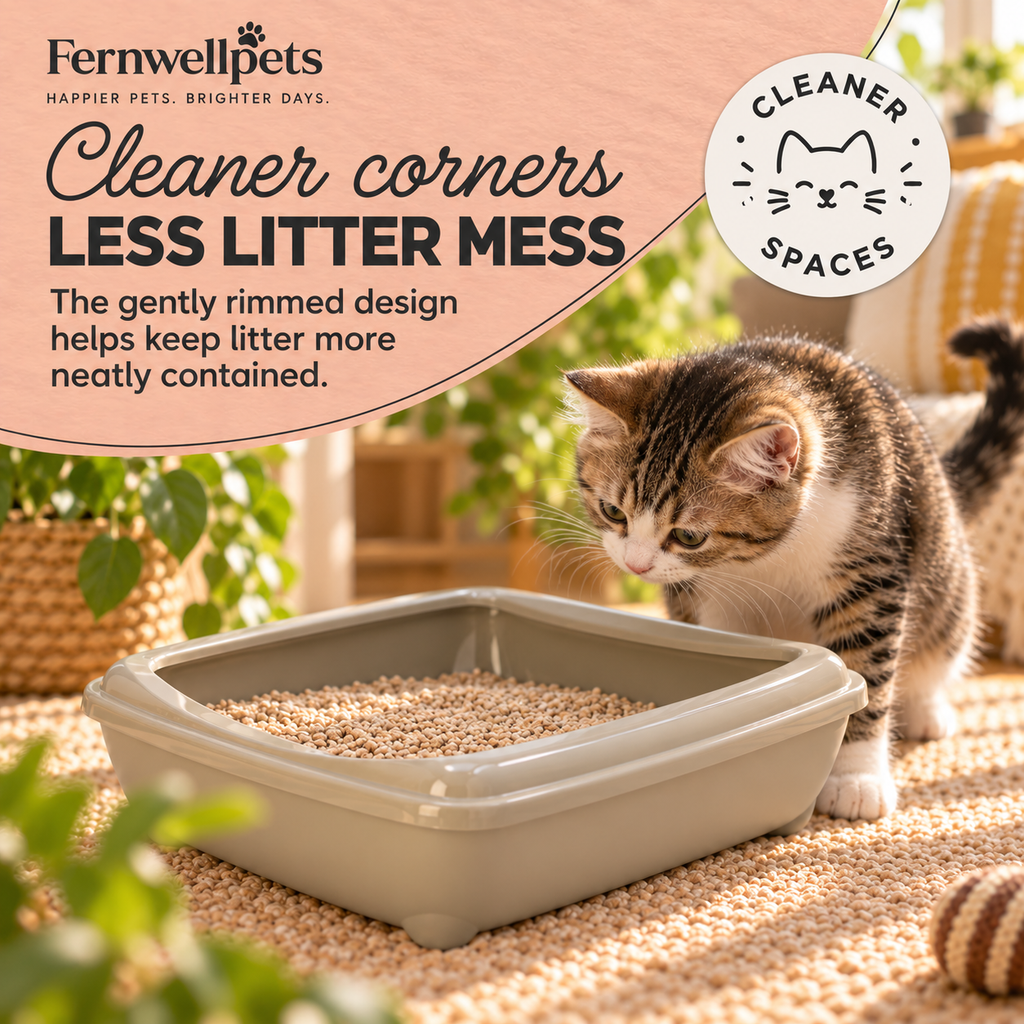 TidyPaws Rimmed Litter Tray – Warm Grey cleaner corners lifestyle image