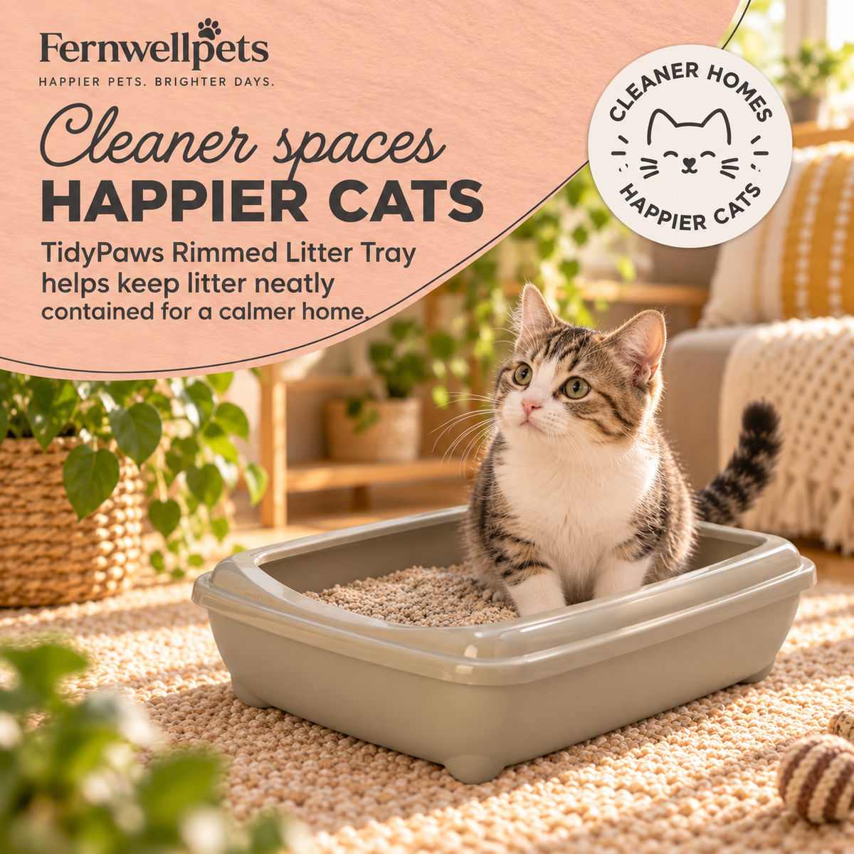 TidyPaws Rimmed Litter Tray – Warm Grey hero image in fernwellpets peach theme
