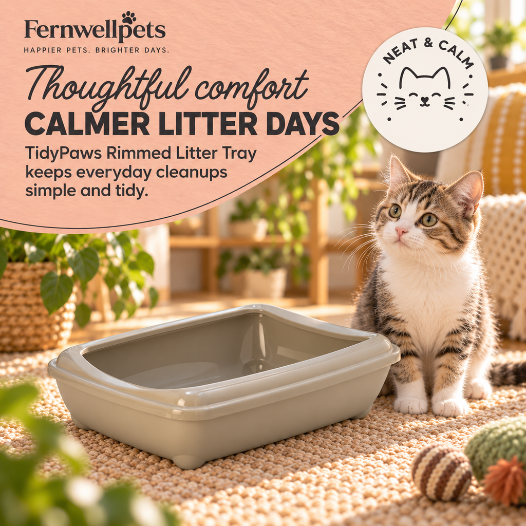 TidyPaws Rimmed Litter Tray – Warm Grey thoughtful comfort lifestyle image