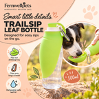 TrailSip Leaf Bottle – 500ml detail image with flip-out tray, carabiner and dishwasher-safe leaf lid