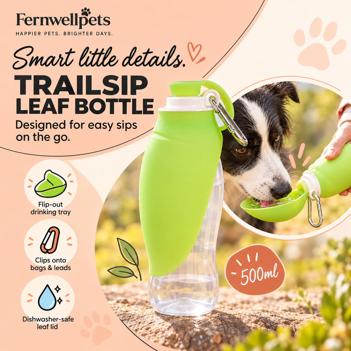 TrailSip Leaf Bottle – 500ml detail image with flip-out tray, carabiner and dishwasher-safe leaf lid