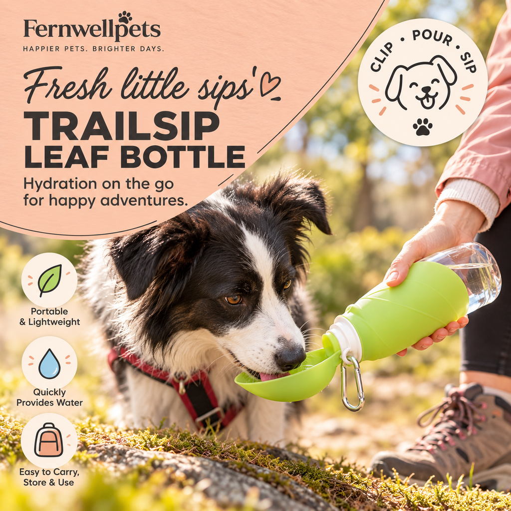 TrailSip Leaf Bottle – 500ml dog drinking outdoors in fernwellpets peach theme