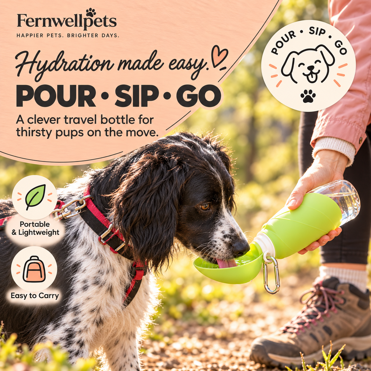 TrailSip Leaf Bottle – 500ml dog drinking from flip-out tray