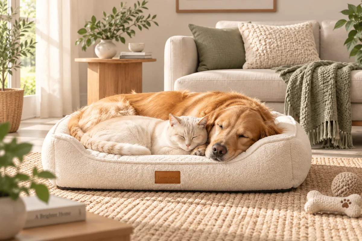 Dog and cat resting together in a pet bed